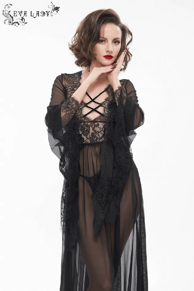 EVEs SECRETS Hosiery Seductive Sheer Lace Dress Gothic Open Back with Bow