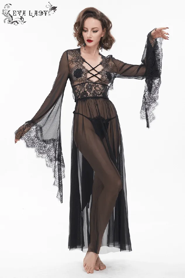 EVEs SECRETS Hosiery Seductive Sheer Lace Dress Gothic Open Back with Bow