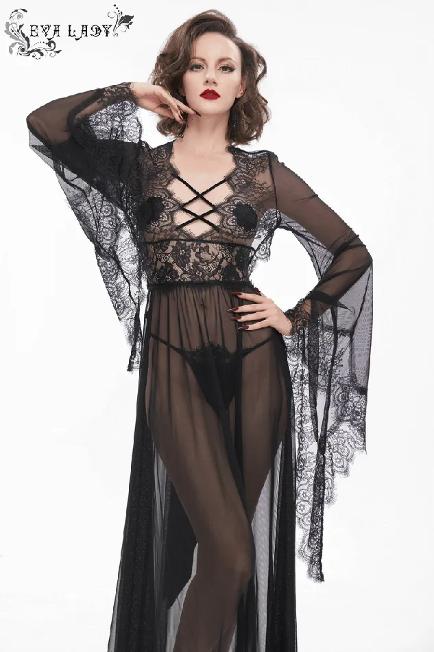 EVEs SECRETS Hosiery Seductive Sheer Lace Dress Gothic Open Back with Bow
