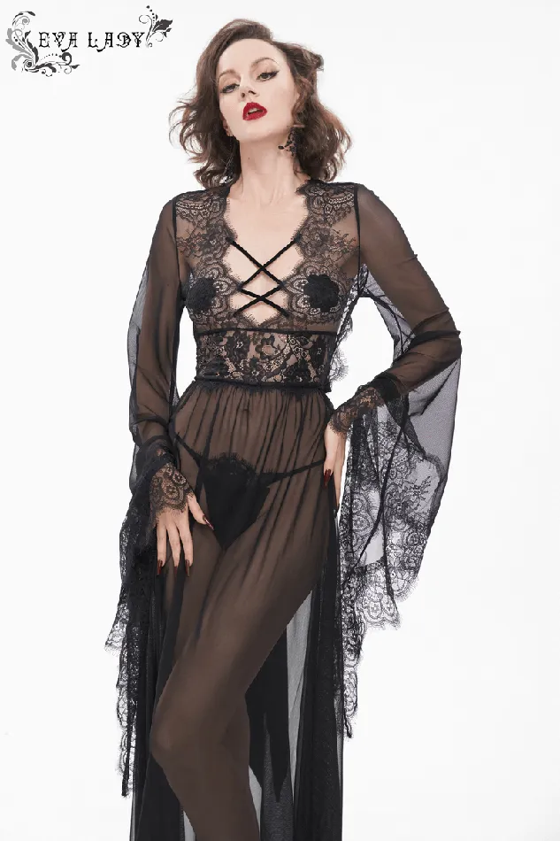 EVEs SECRETS Hosiery Seductive Sheer Lace Dress Gothic Open Back with Bow