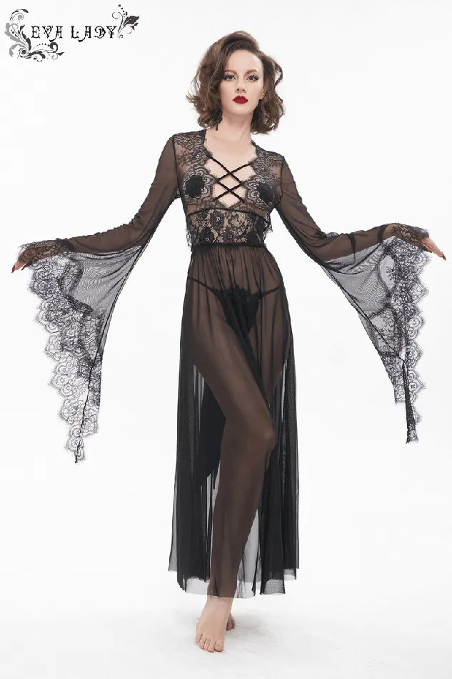 EVEs SECRETS Hosiery Seductive Sheer Lace Dress Gothic Open Back with Bow
