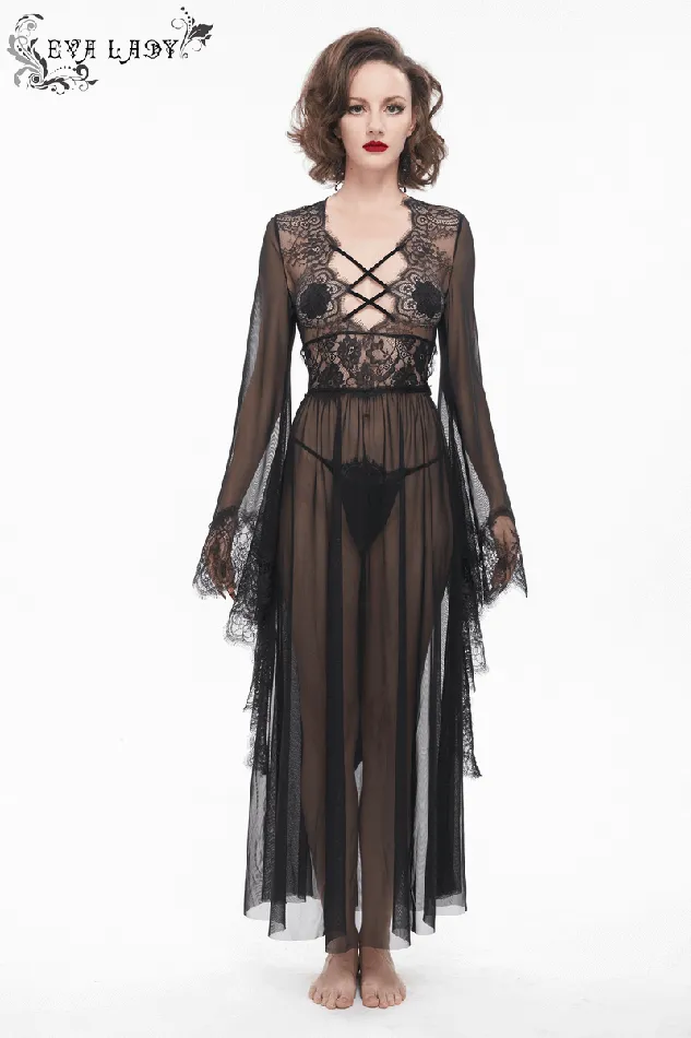 EVEs SECRETS Hosiery Seductive Sheer Lace Dress Gothic Open Back with Bow