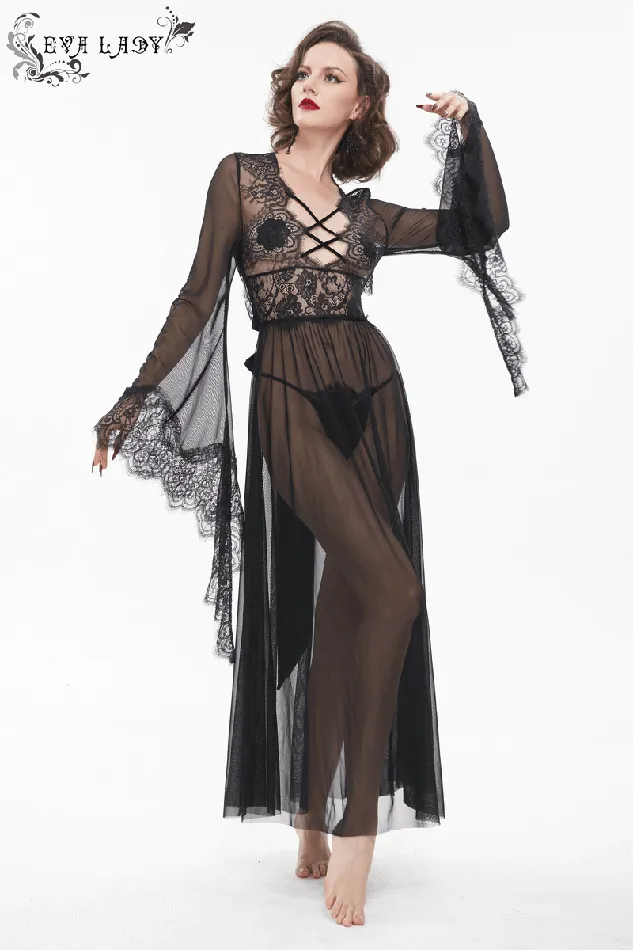 EVEs SECRETS Hosiery Seductive Sheer Lace Dress Gothic Open Back with Bow