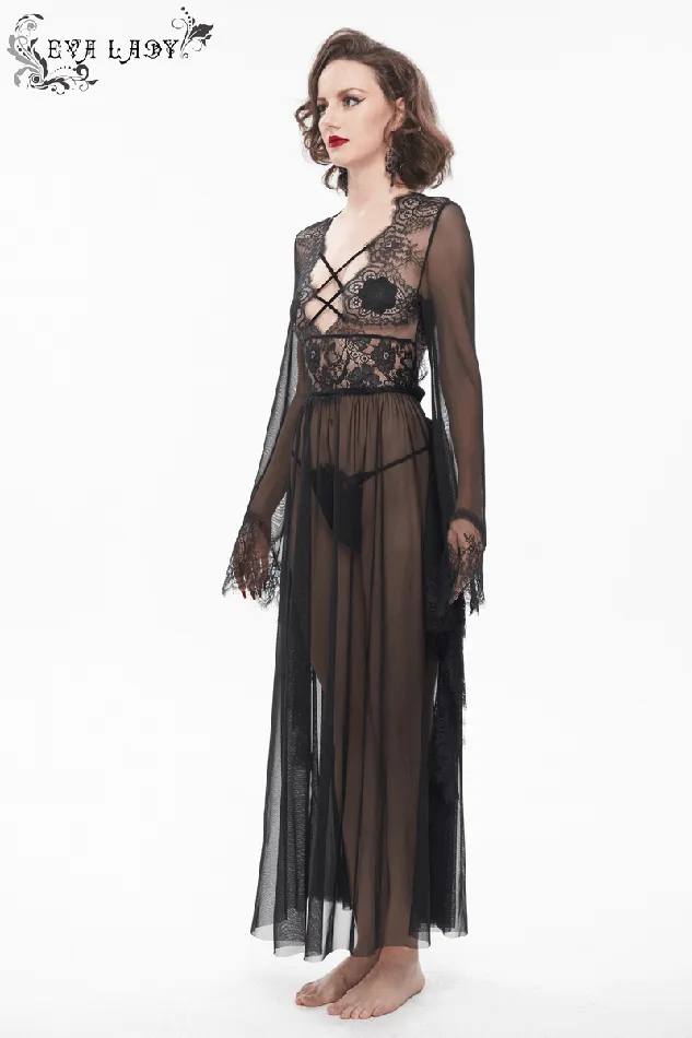 EVEs SECRETS Hosiery Seductive Sheer Lace Dress Gothic Open Back with Bow