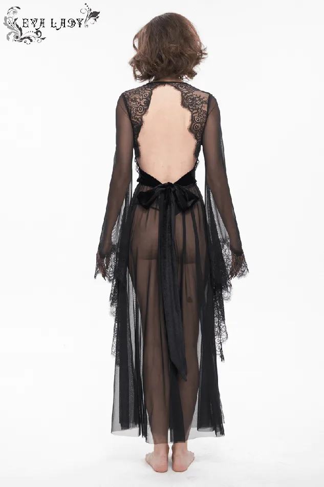EVEs SECRETS Hosiery Seductive Sheer Lace Dress Gothic Open Back with Bow
