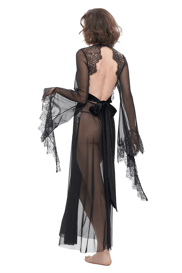 EVEs SECRETS Hosiery Seductive Sheer Lace Dress Gothic Open Back with Bow