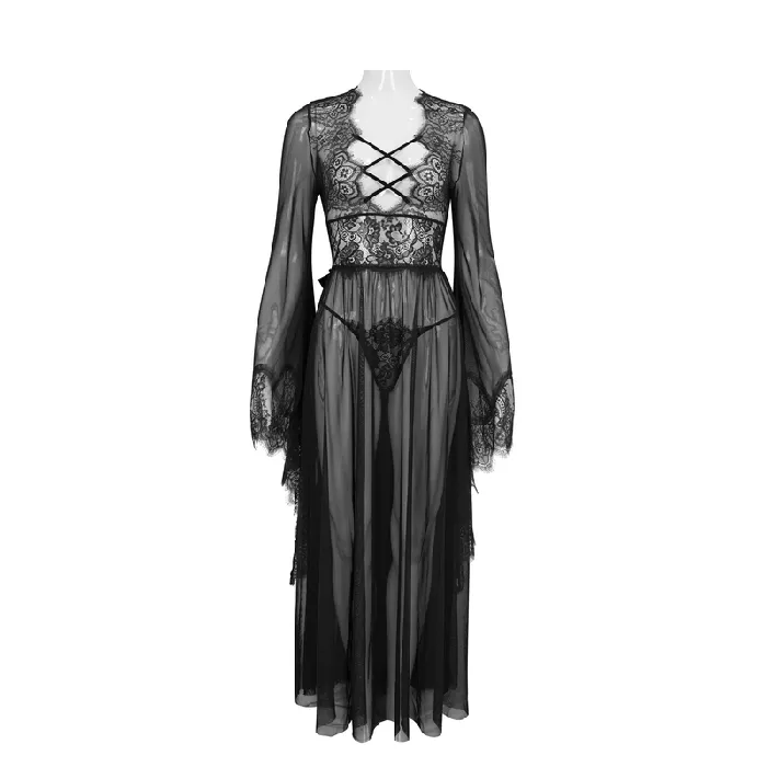 EVEs SECRETS Hosiery Seductive Sheer Lace Dress Gothic Open Back with Bow